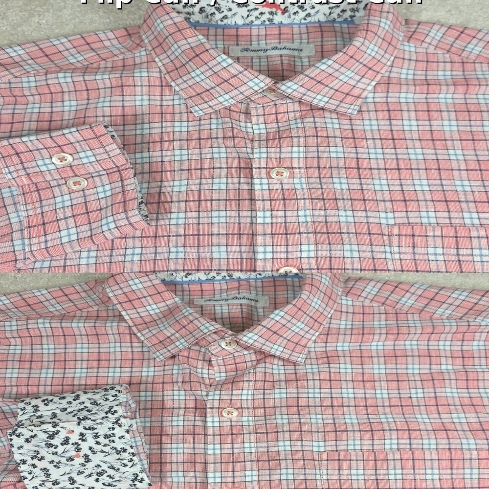 Tommy Bahama Shirt Mens L Pink Plaid Contrast Flip Cuff Long‎ Sleeve Button-Up